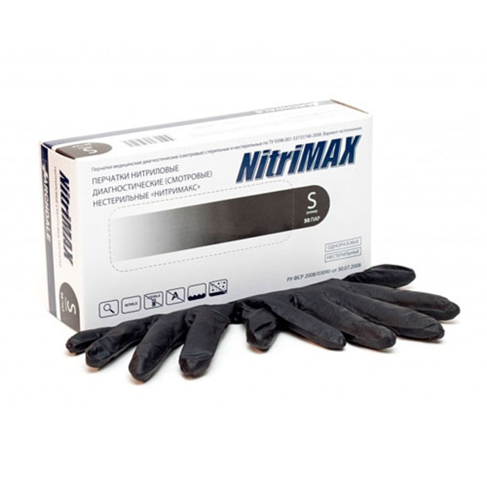 Перчатки NITRIMAX нитриловые неопудренные, черные, размер S, 50 пар