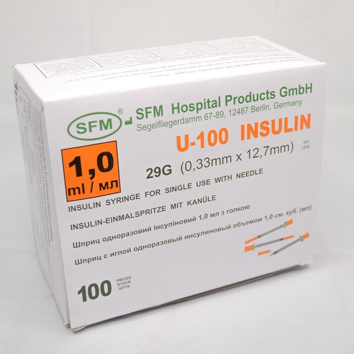 Шприц инсулиновый SFM 1,0 мл U-100 с интегрирированной иглой 0,33*12,7 - 29G.