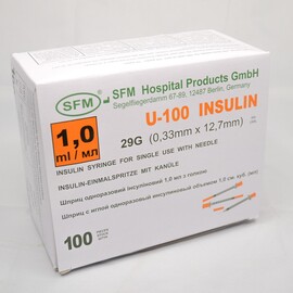 Шприц инсулиновый SFM 1,0 мл U-100 с интегрирированной иглой 0,33*12,7 - 29G.