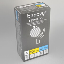 Перчатки "Benovy" нитриловые смотровые текстурированные неопудренные, голубые, р. S, 100 пар