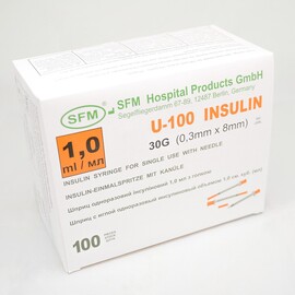 Шприц инсулиновый SFM 1,0 мл U-100 с интегрирированной иглой 0,30*8,0 - 30G, 10 шт.